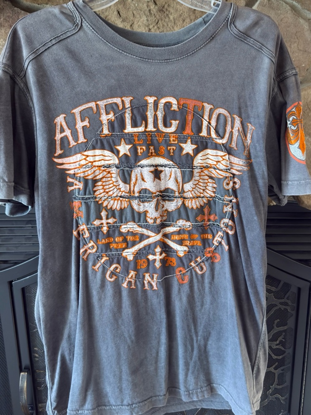 Affliction Gray Graphic Crewneck Tee with Subtle Black Print